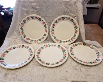 Lote de 5 antiguos 9 1/2" Platos de cena flores rosas y hojas verdes