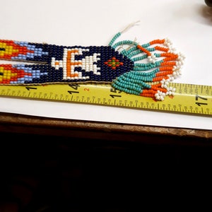 Vintage Handmade Glass seed bead work Flapper Sautoir Necklace with Thunder Bird & Arrows Motifs Orange Yellow Blue Seed Bead Navajo Style image 7