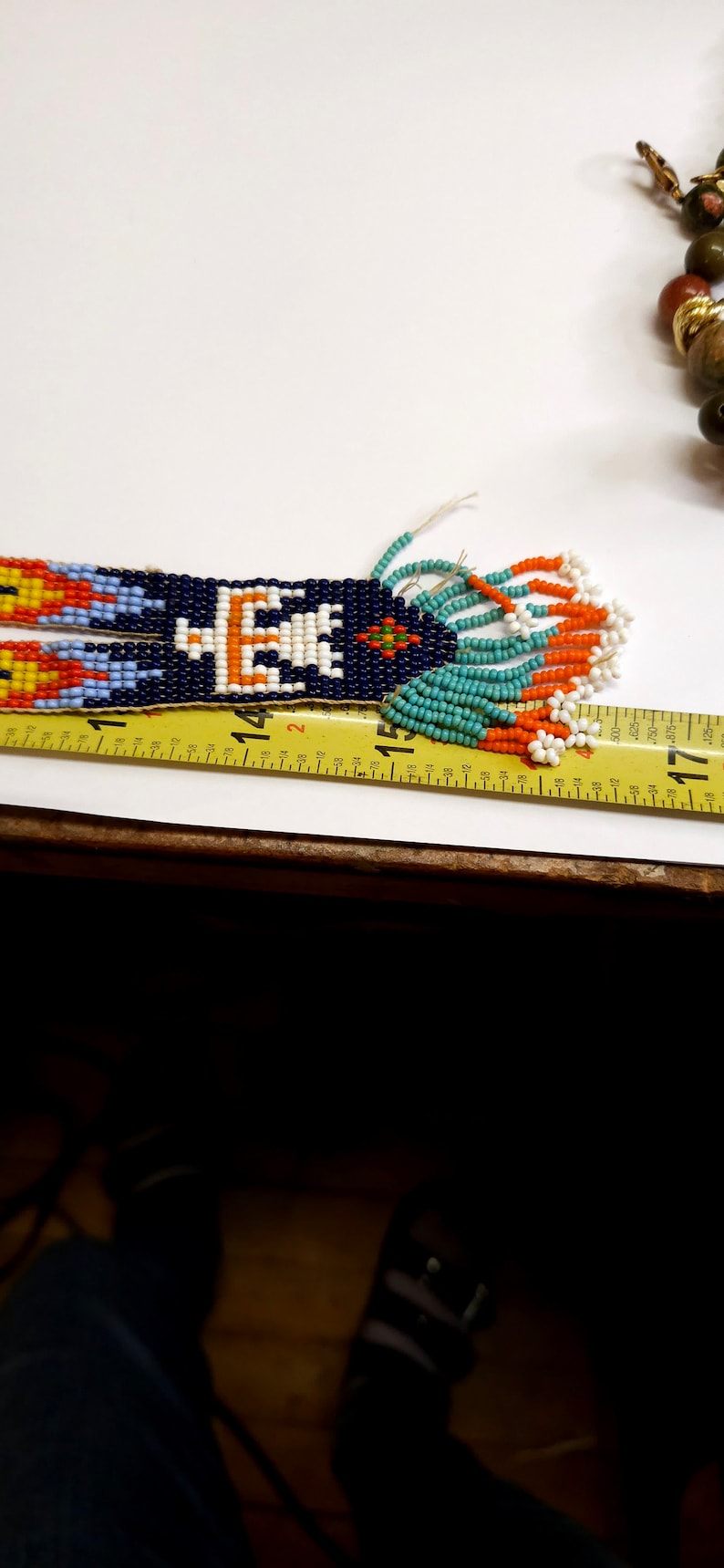 Vintage Handmade Glass seed bead work Flapper Sautoir Necklace with Thunder Bird & Arrows Motifs Orange Yellow Blue Seed Bead Navajo Style image 7