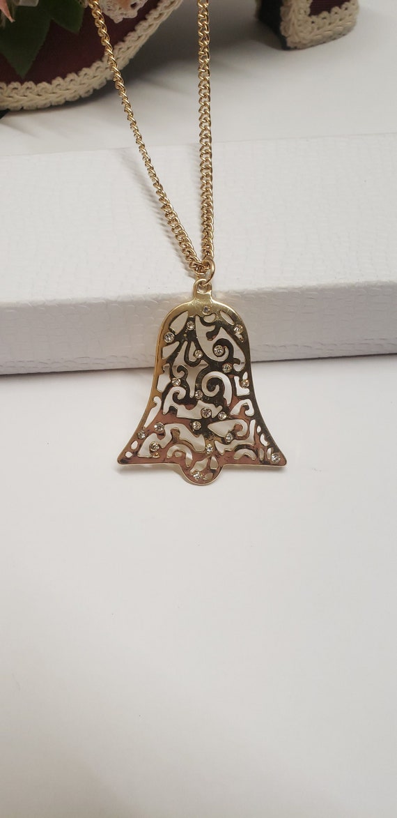 Gold Crystal Filigree Bell Pendant Necklace Crysta