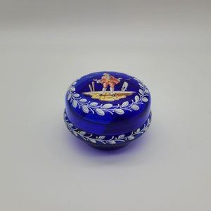 hand painted Cobalt blue Trinket box w/ sailor standing on dock 4&quot; across