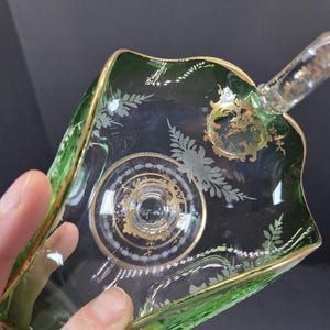 Antiek geëtst glas in boho-stijl Groen/helder met gouden varen/bloemmotief vingergreep vreemde vorm afbeelding 6