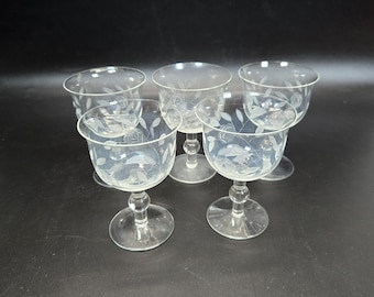Set of 5 antique Etched glass goblets/champagne glasses flower etchings