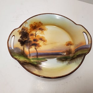 Hand painted Nippon 2 handled dish sunset river scene with cabin 7 1/2&quot;