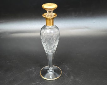 Antique Etched glass with gold top Perfume bottle 6 3/4 inch tall