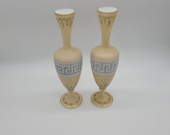 Pair of Antique Bristol Opaline white glass Greek key vases tall 12 1/2"