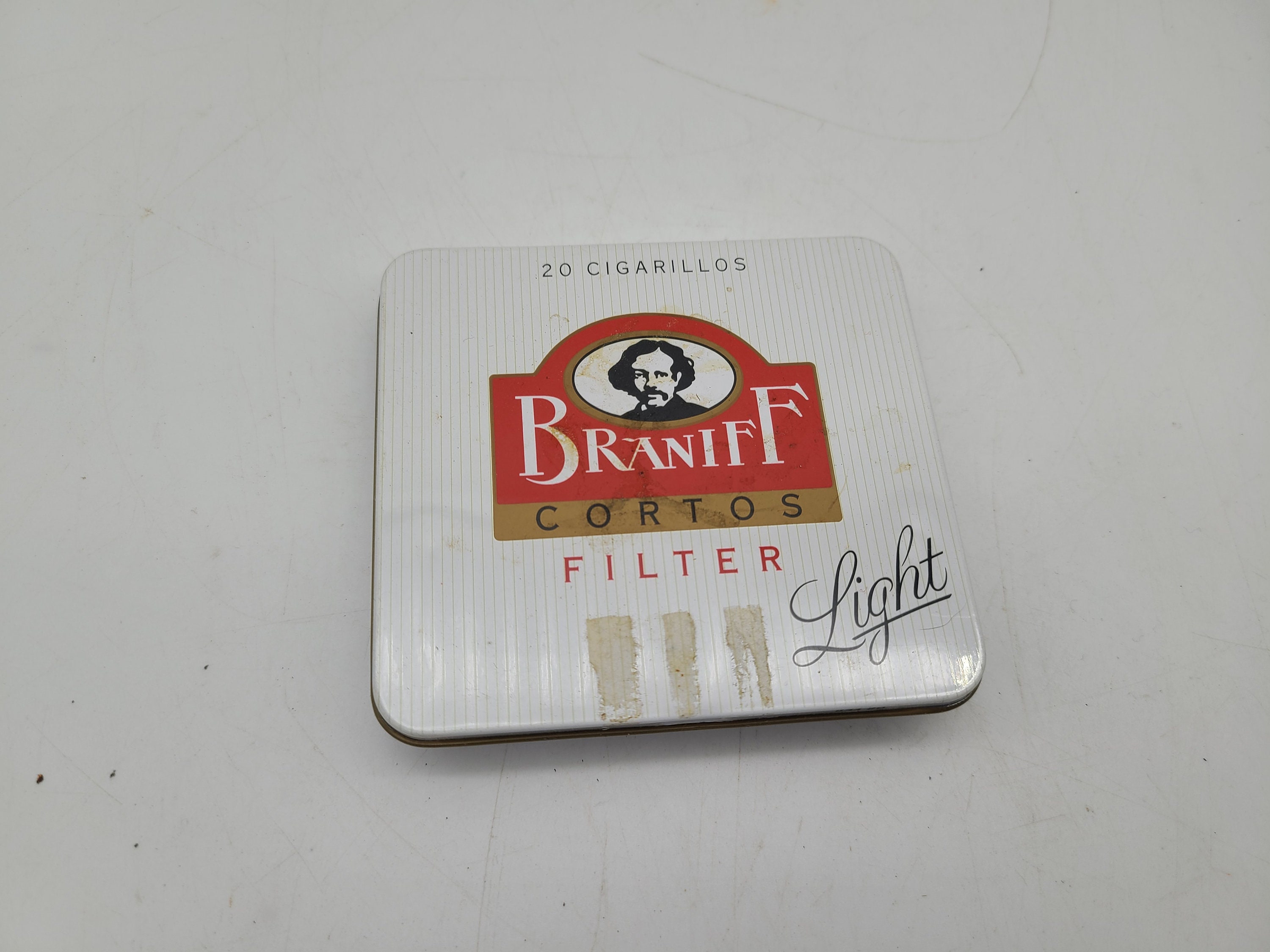 braniff cigarettes Braniff Cortos Light filter Cigarette Tin advertising box