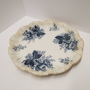 Large Early black/blue transferware fancy serving bowl black leaf pattern