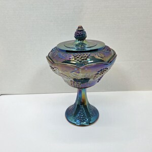 Indiana glass carnival blue iridescent grape pattern Candy dish compote Tall 10 inch