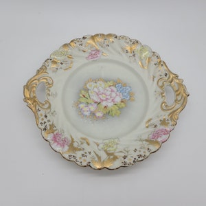 Antique Signed Japanese handled serving plate gold gilt with hand painted flowers 11"