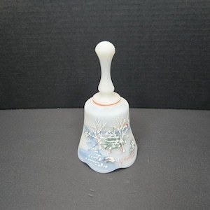 Fenton Satin white 1991 Hand painted Christmas bell Christmas trees Signed A. Farley