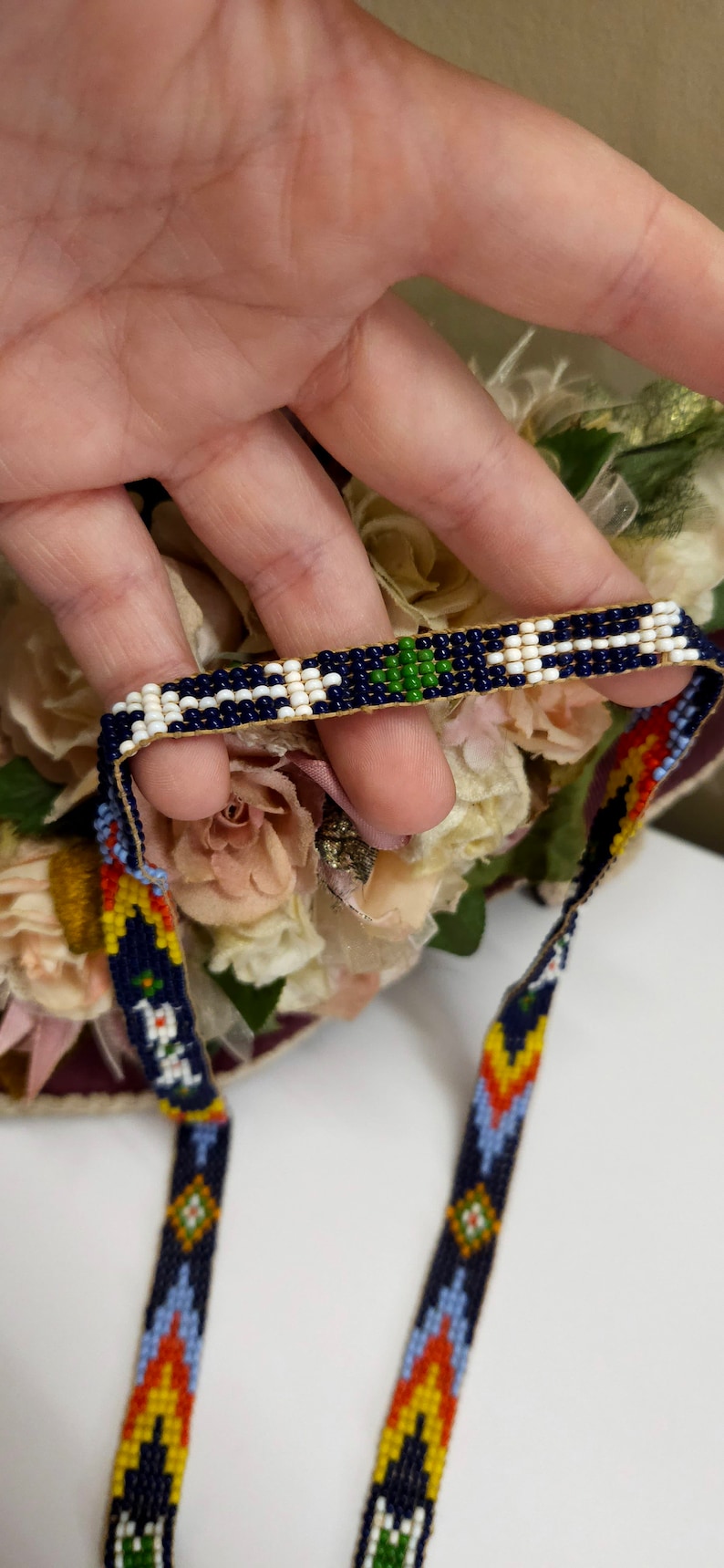 Vintage Handmade Glass seed bead work Flapper Sautoir Necklace with Thunder Bird & Arrows Motifs Orange Yellow Blue Seed Bead Navajo Style image 9