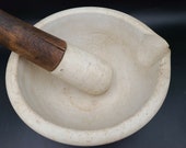 Antique Large Heavy porcelain Mortar Pestle w wood handle 11 quot 5 3 4 inch tall