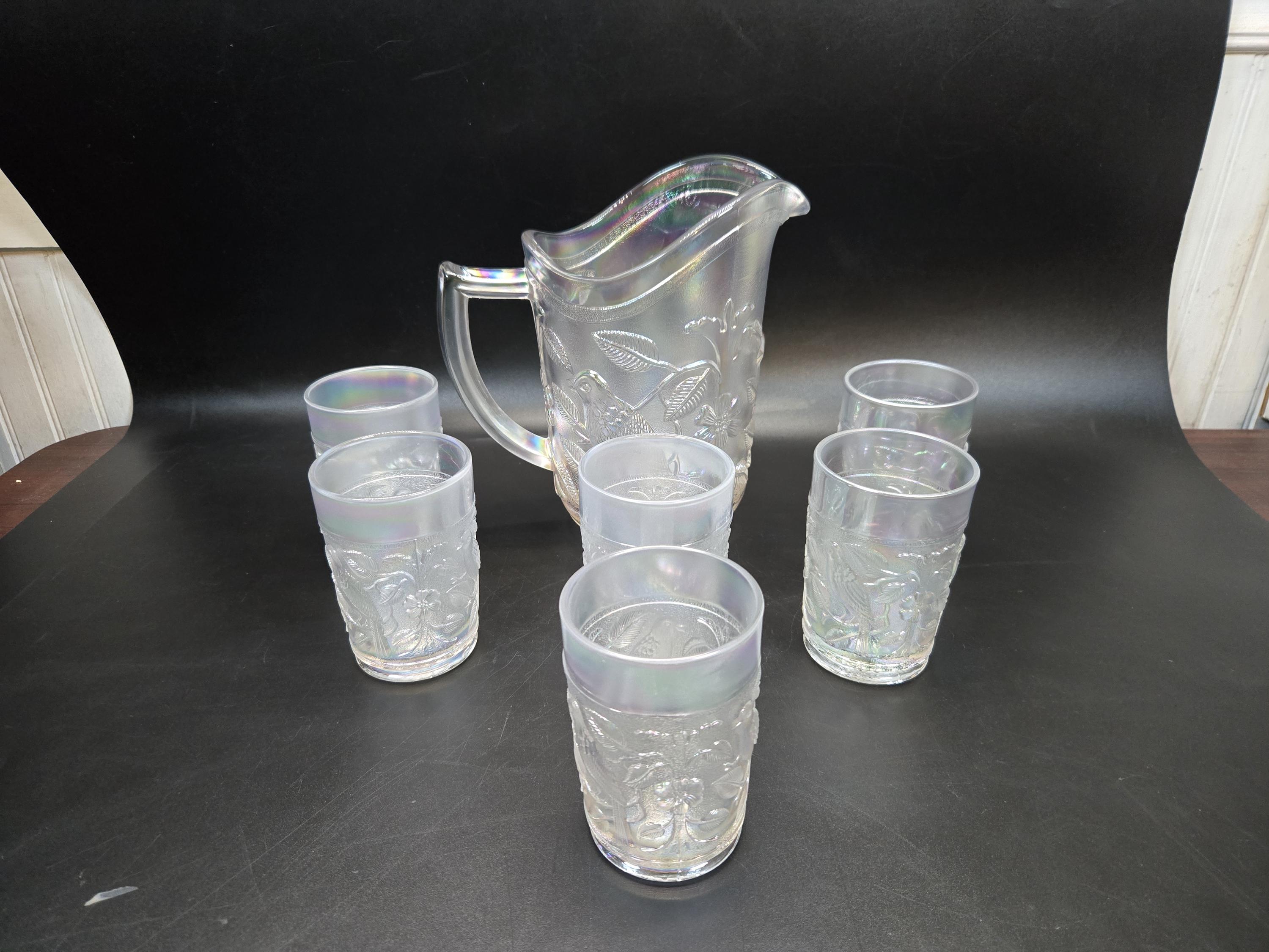 Imperial Glass Singing Birds Robin Iridescent White Pitcher Set W