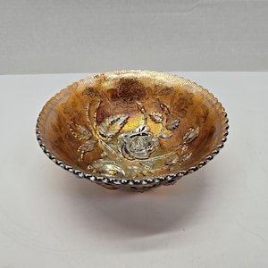 Imperial glass Lustre rose Marigold carnival glass Amber color bowl dish 7&quot; Mint