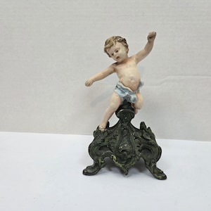 Rare Antique painted Metal Cherub boy statue figurine very old well made
