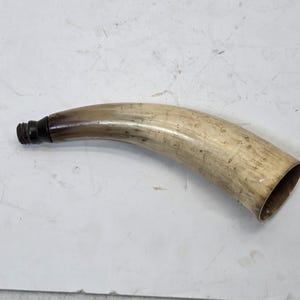 Puede incluir: Un cuerno de animal curvo y hueco con un degradado de color natural en blanco roto y bronceado. El extremo estrecho presenta una tapa de plástico negro roscada de color marrón oscuro, mientras que el extremo ancho está abierto con un borde.
