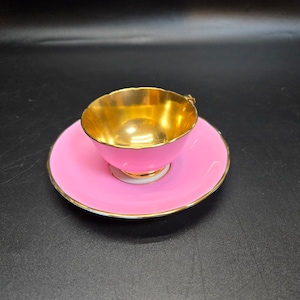 RARE Antique Tuscan china Demitasse Gold Tea cup and saucer Gold plated and pink