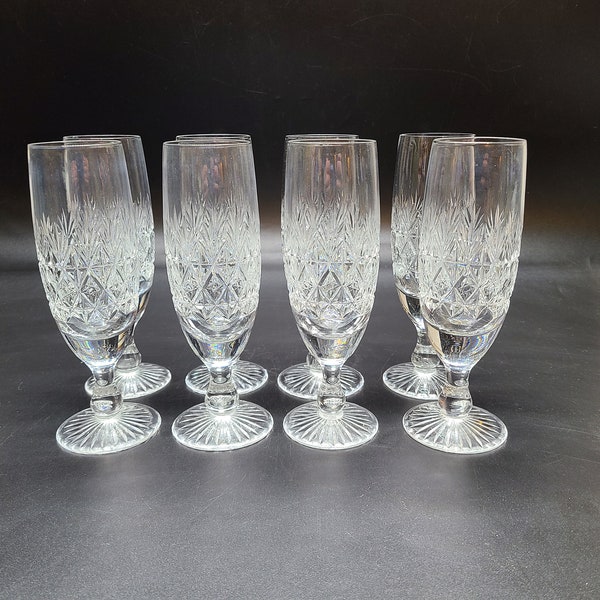 Set of 8 Thomas Webb Wellington pattern Cut crystal Champagne flutes 7" MINT