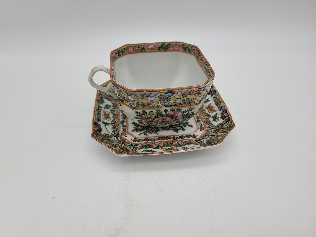 Antique Chinese Tea Cup and Saucer Square With Butterflies Etsy
