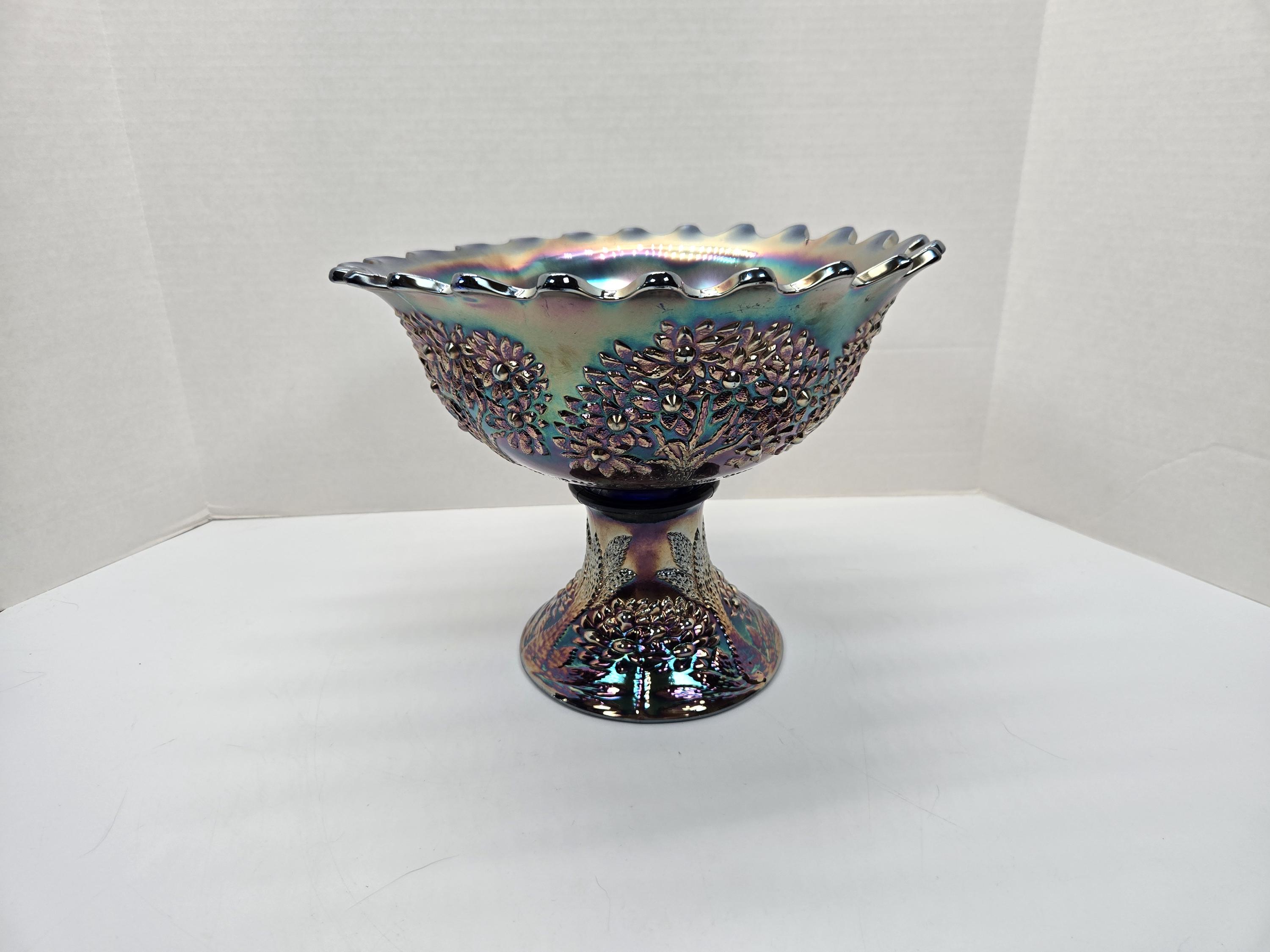 Rare Fenton Orange Tree Cobalt Blue Carnival Glass Punch Bowl 2