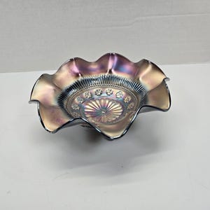 Rare Northwood carnival glass rosette ruffled 3 footed bowl 8 3/4&quot; nice colors