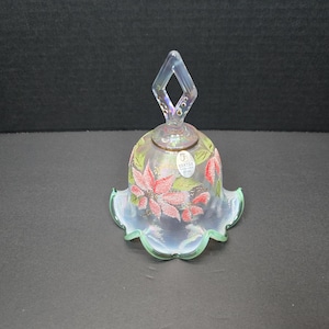 2001 Christmas Opalescent Fenton Art Glass Bell Poinsettias C Smith Signed