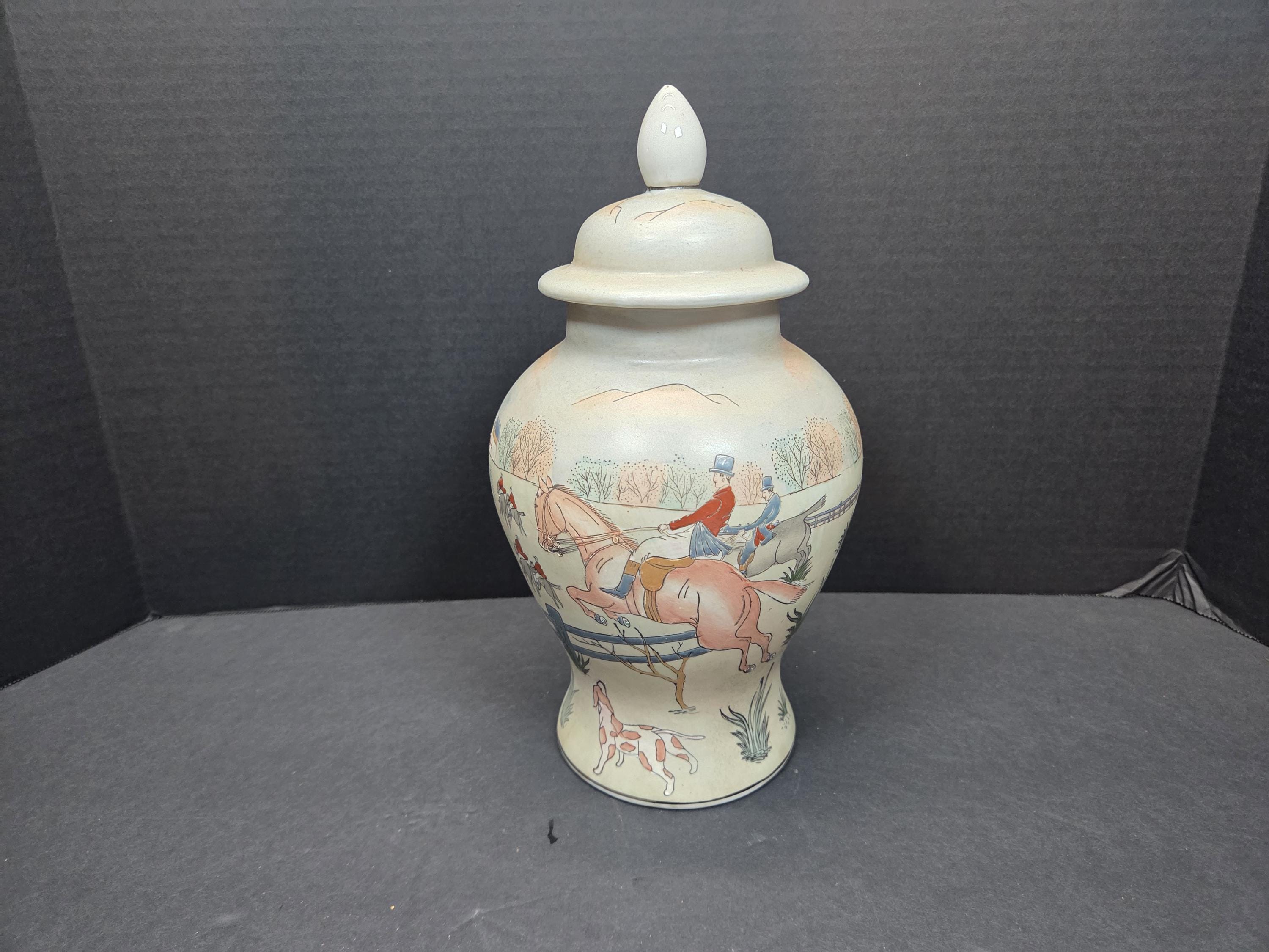 Vintage Chinese Fox hunt lidded urn or Ginger jar 12" color dogs horses hunting