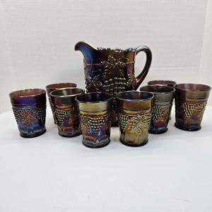 Rare Northwood Amethyst Grape and cable pitcher set with 8 Tumblers carnival glass purple