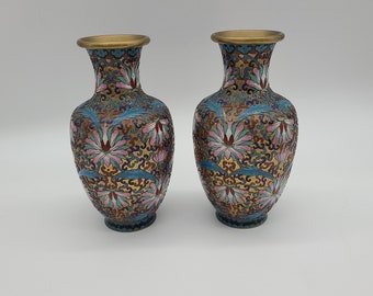 Matched pair antique brass Cloisonné Floral vases Flower pattern colorful 8"