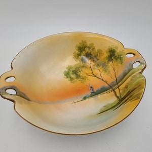 Nice large Antique Nippon Hand painted bowl windmill scene 10 x 2 1/2 inch.