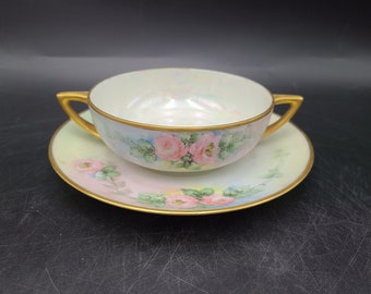 Antique Bohemia Donatello  Hand painted pink rose Cream soup bowl w/ saucer perlescent w/ gold rim