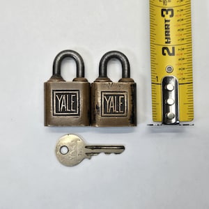 Pair of Rare small Yale brass and iron Push key padlocks w/ key