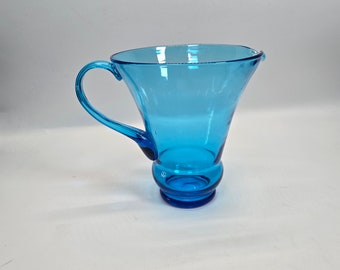 Vintage hand blown blue water pitcher 8 1/4 tall 7 1/4 wide