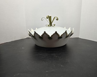 Mid century modern light fixture green flowers and vines UFO style 16"