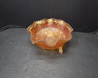 Fenton Lemon tree , Butterfly & Berry marigold carinval glass bowl claw ball feet 9"
