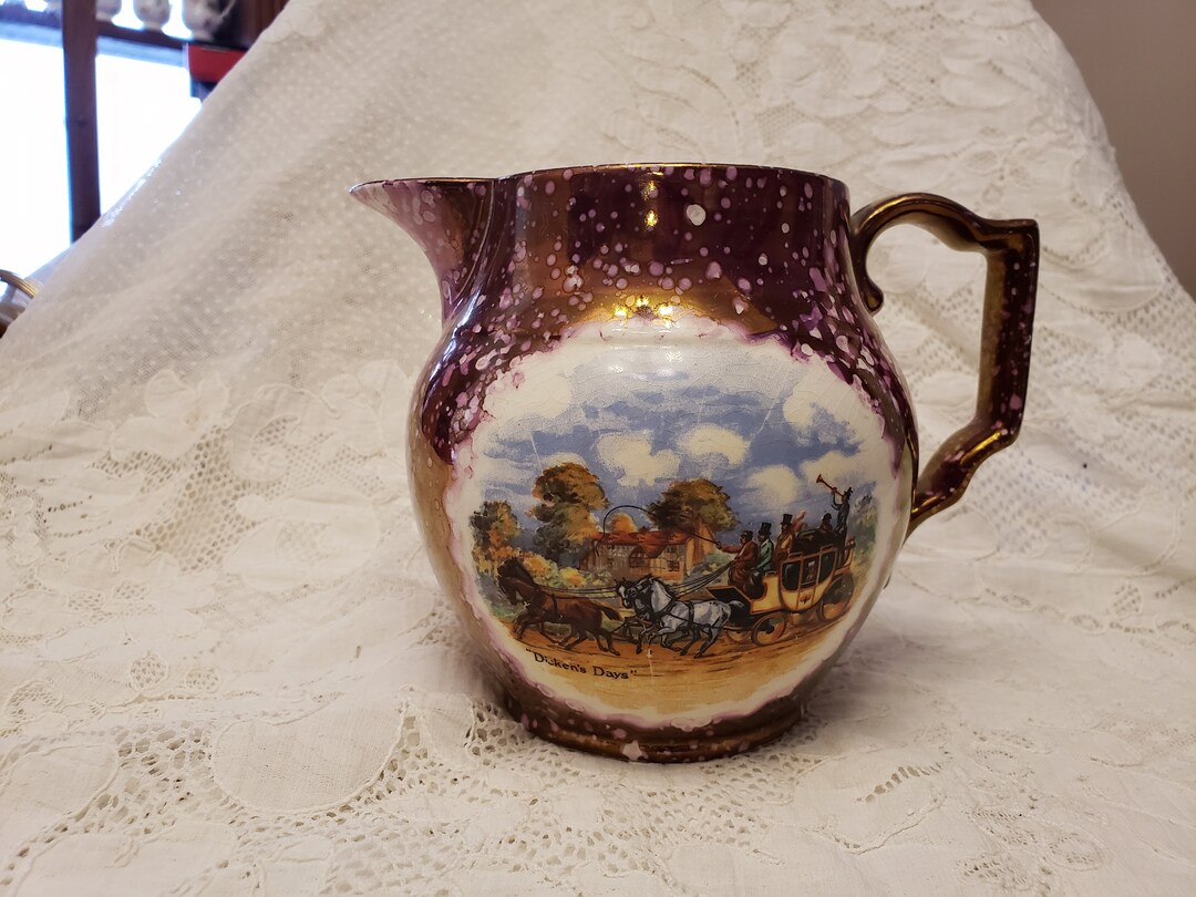 Vintage Gray's Pottery Stoke on Trent England, Water Pitcher Purple Copper Luster With Dickens