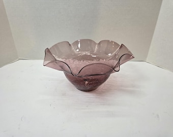 Very nice Hand blown amethyst purple Crackle glass wavy scalloped Bowl 10"