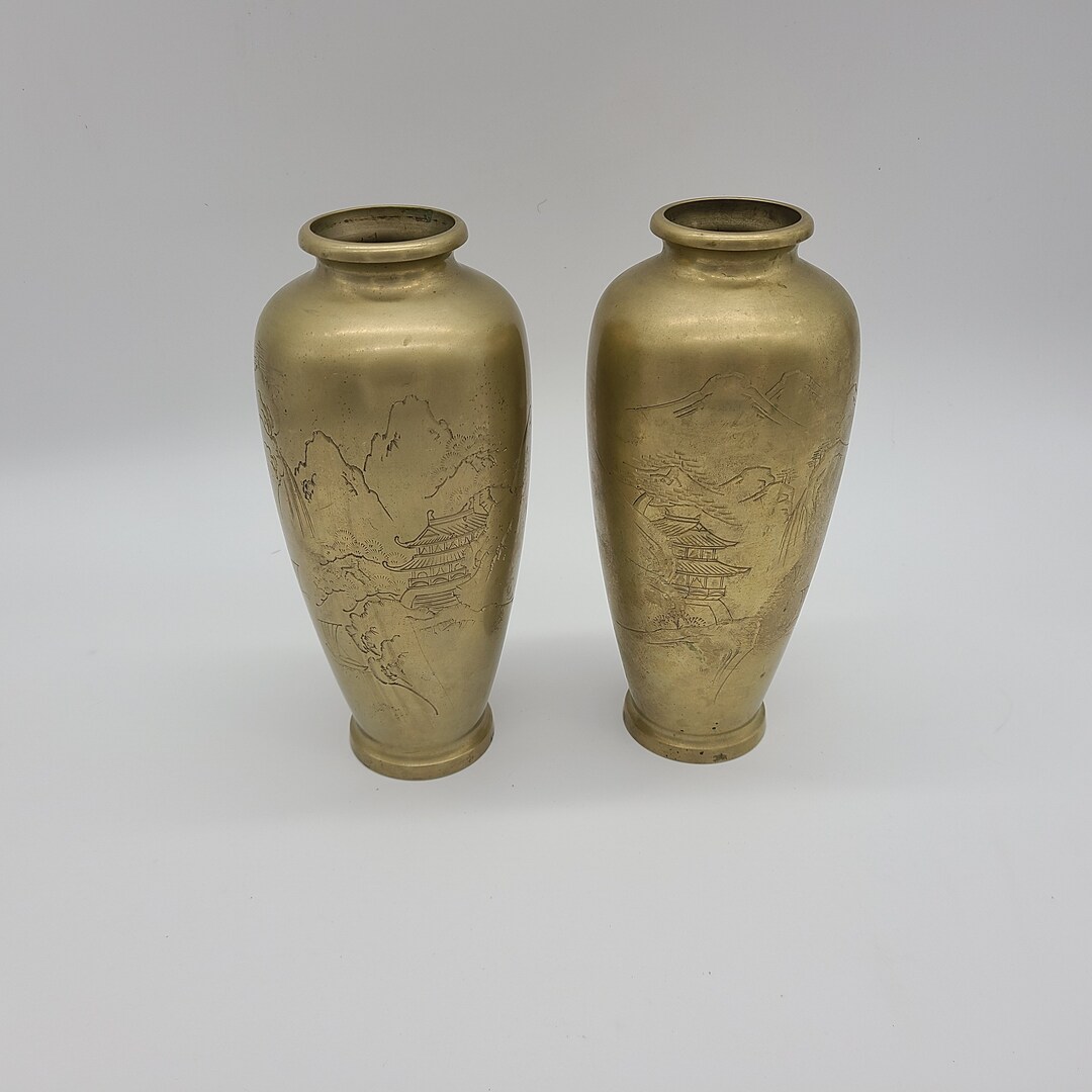 Pair of Rare Japanese Brass Vases Signed Mountain Scene Etched 8 1/2