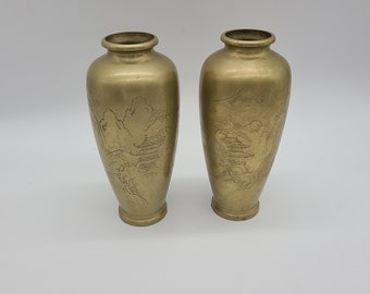 Pair of rare Japanese Brass Vases Signed Mountain scene etched 8 1/2" tall