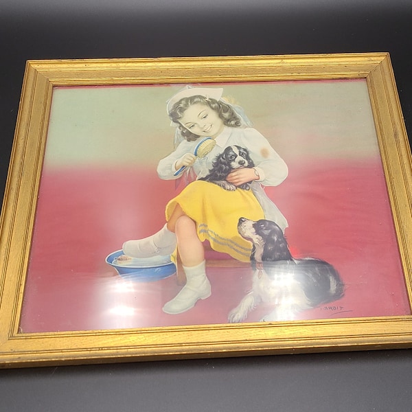 Antique art deco Jules Erbit nurse girl with puppies Framed in gold frame