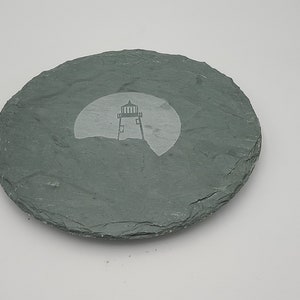 Solid  Slate 11 1/2&quot; Lazy susan rough cut edge etched  Light house scene