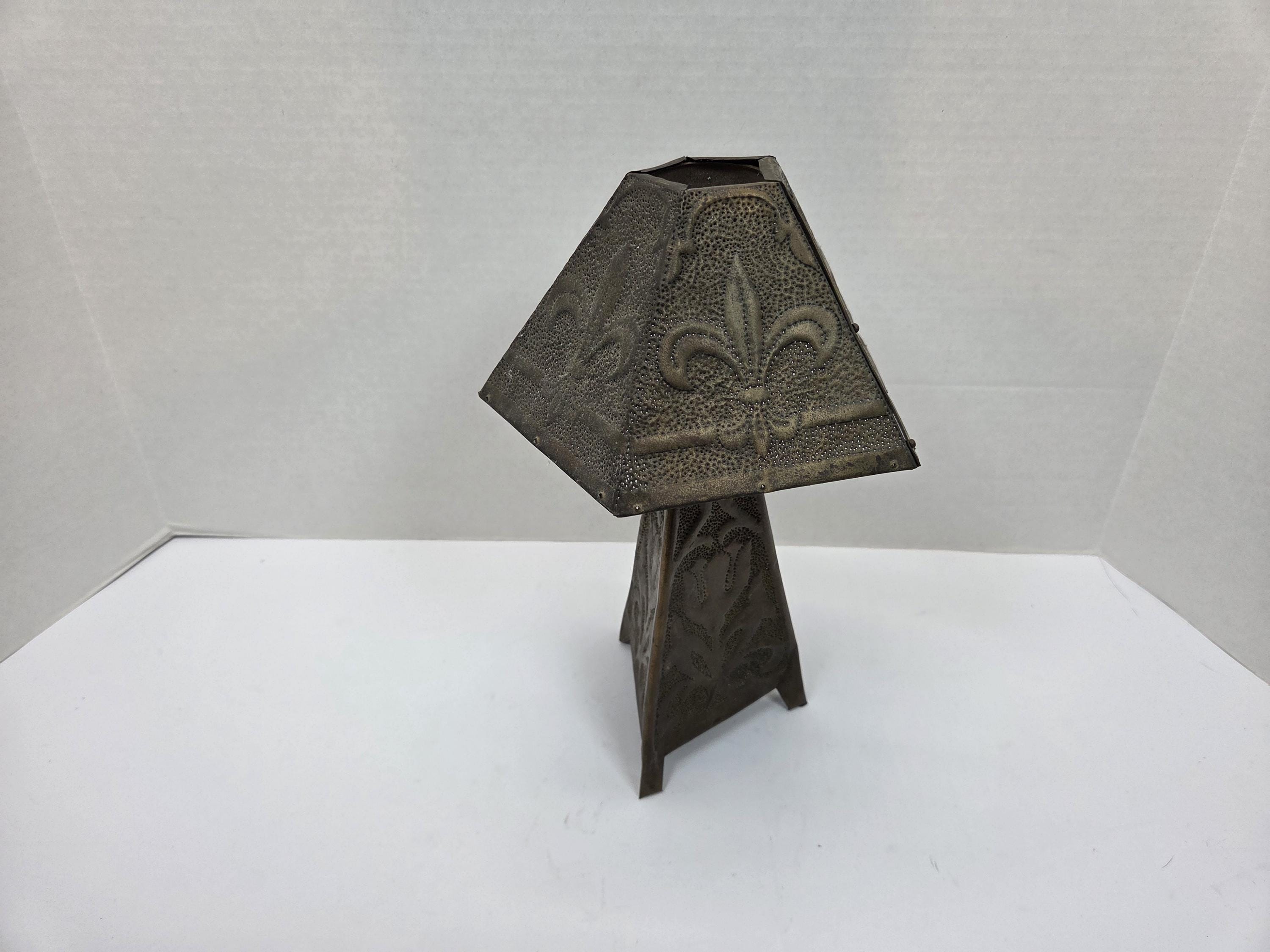 Rare Art Nouveau Pierced Brass lamp w/ Fleur de lis shade 11" tall