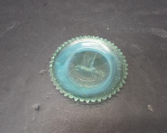 Raro plato pequeño antiguo de colibrí de garganta rubí Pairpoint azul opalescente de 3 1/2"