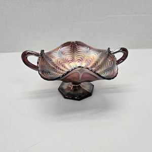 Antique Fenton Peacock tail Amethyst compote candy/bon bon dish w/ handles
