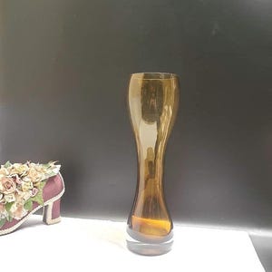 Vintage Amber Hand Blown Glass Vase Hour Glass Shape Heavy Bottom Amber Thick Bottom 13&quot; Tall Vase
