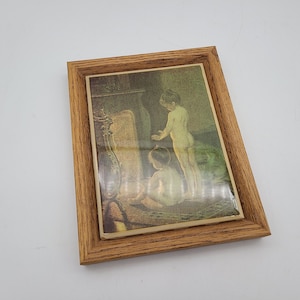 Vintage Kimberly Enterprises Oak framed Tile boy and girl standing in front of fire