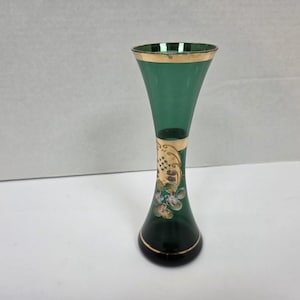 Vintage Green hand painted flowers and gold pinched waist art glass vase Japan 7&quot;