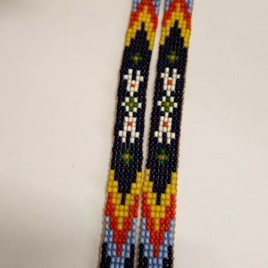 Vintage Handmade Glass seed bead work Flapper Sautoir Necklace with Thunder Bird & Arrows Motifs Orange Yellow Blue Seed Bead Navajo Style image 5
