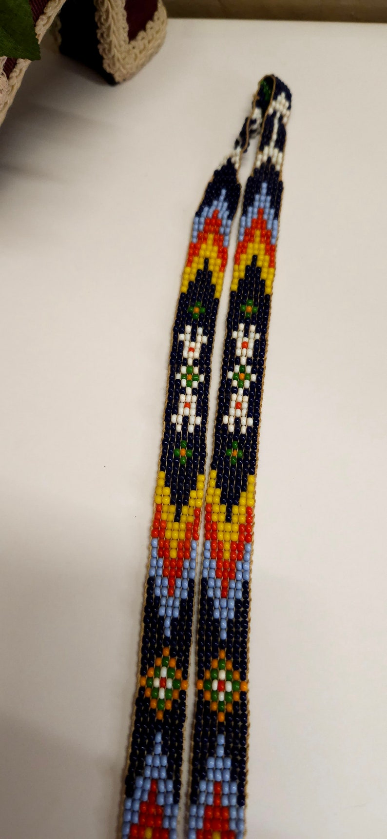 Vintage Handmade Glass seed bead work Flapper Sautoir Necklace with Thunder Bird & Arrows Motifs Orange Yellow Blue Seed Bead Navajo Style image 5